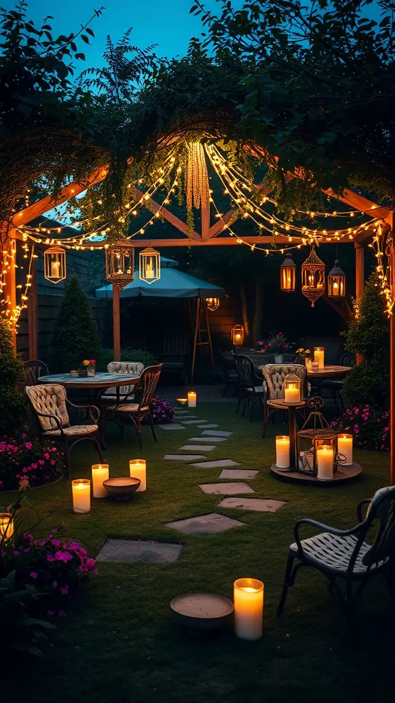 A beautifully lit garden party scene with string lights, lanterns, and candles.
