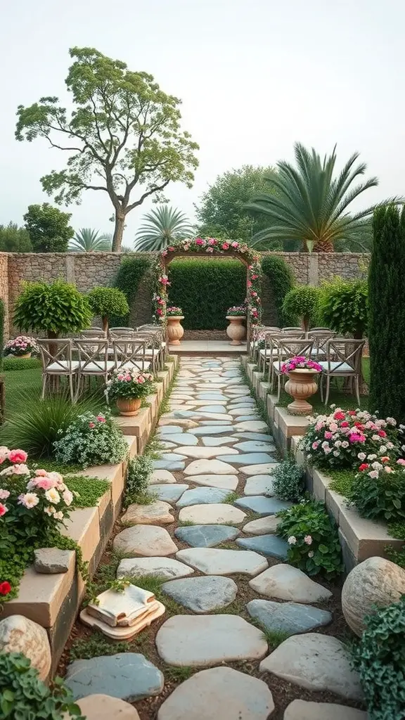 A picturesque stone pathway lined with flowers and greenery, leading to a floral archway in a garden.