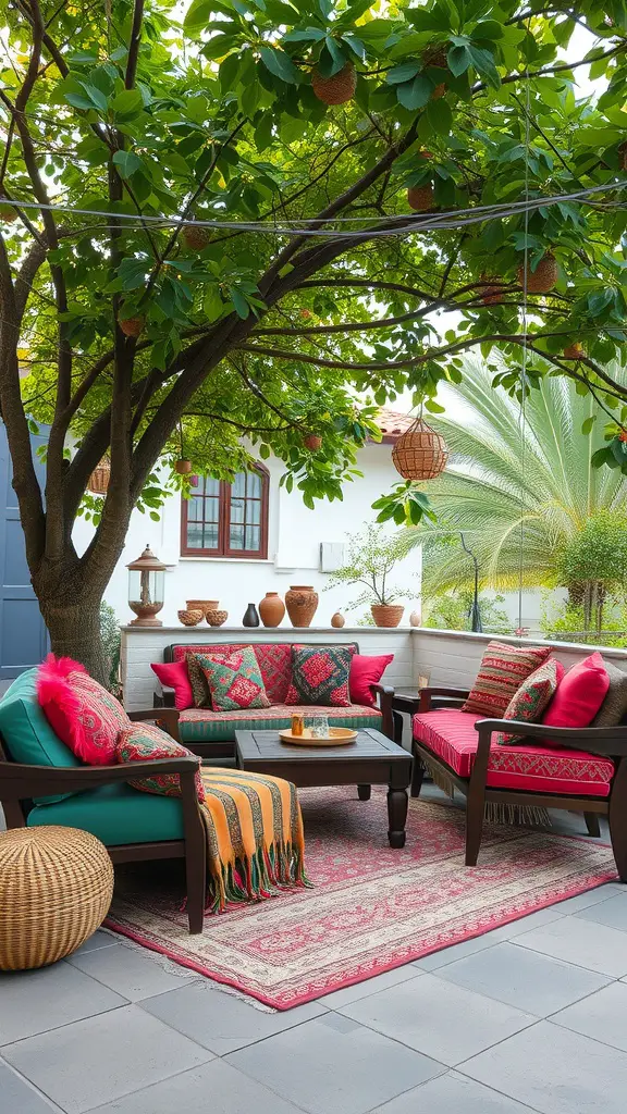 Charming outdoor seating area with colorful cushions, a low table, and lush greenery.
