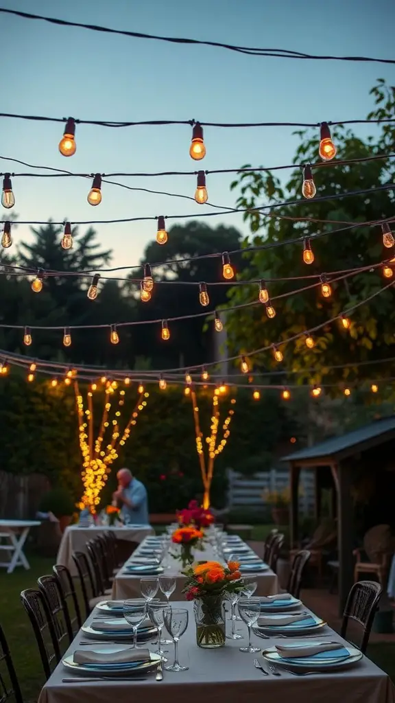 A garden party setup with string lights overhead, a long table set for dining, and colorful flowers in vases.