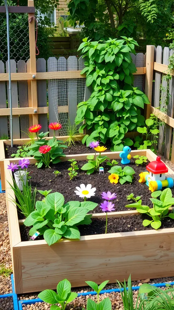 A colorful children's garden bed with flowers and playful decorations.