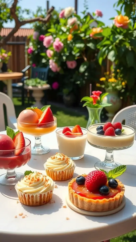 A table with various chilled desserts including sorbets, panna cotta, and fruit tarts, surrounded by colorful flowers.