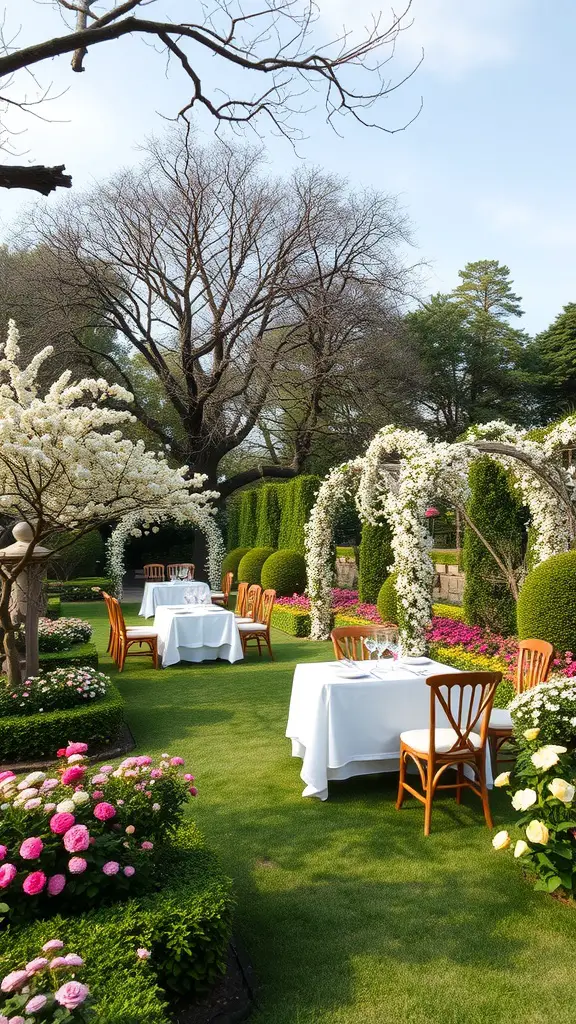 A beautiful garden setup with tables and flowers, perfect for a garden party.