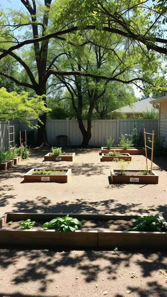 A garden with multiple raised beds surrounded by trees and a gravel path.