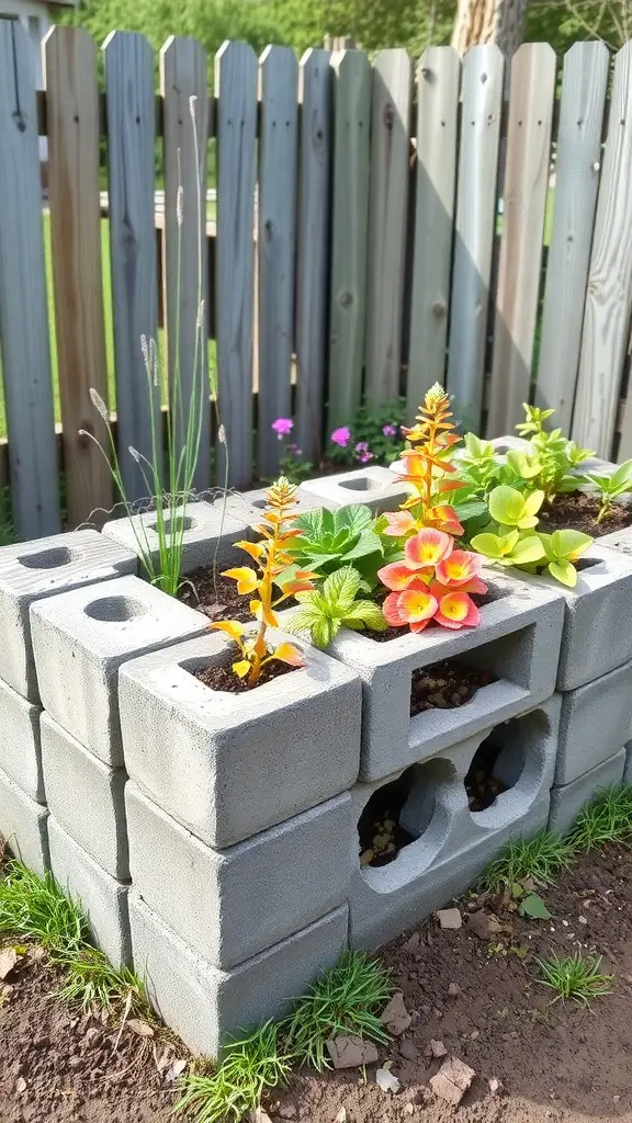 Cinder block planter with colorful flowers and herbs in a garden setting