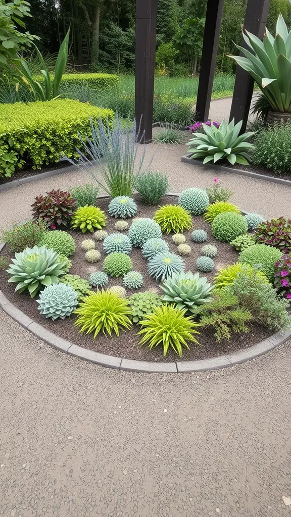 A circular garden bed filled with various succulents and plants, showcasing vibrant colors and textures.