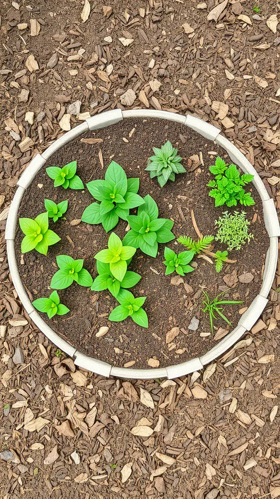 A circular raised garden bed with various green plants in rich soil.