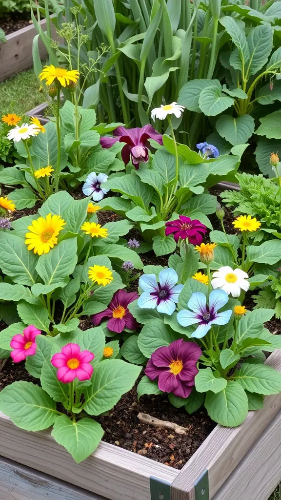 A raised garden bed filled with colorful flowers and leafy greens, showcasing a companion planting layout.