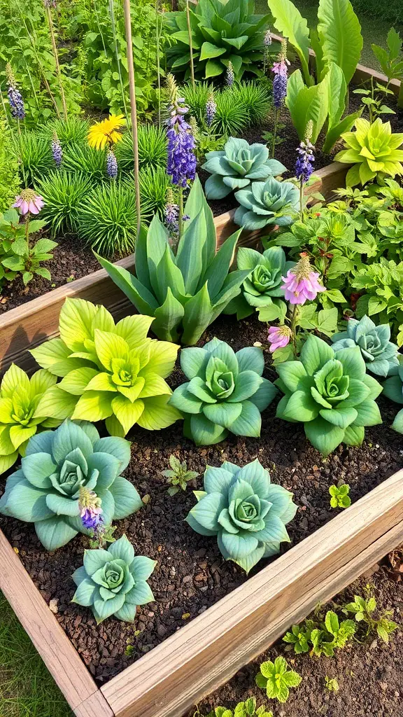 A raised garden bed filled with various plants including colorful flowers and leafy greens.