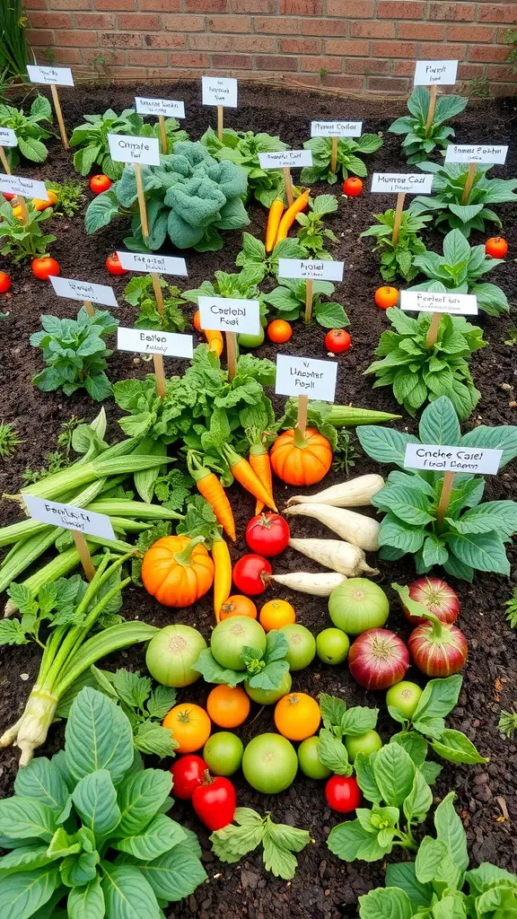 A colorful veggie garden with various vegetables labeled for companion planting.