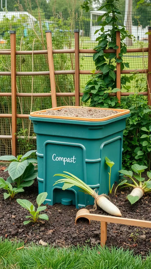 A compost bin labeled 'Compost' surrounded by plants in a garden bed.