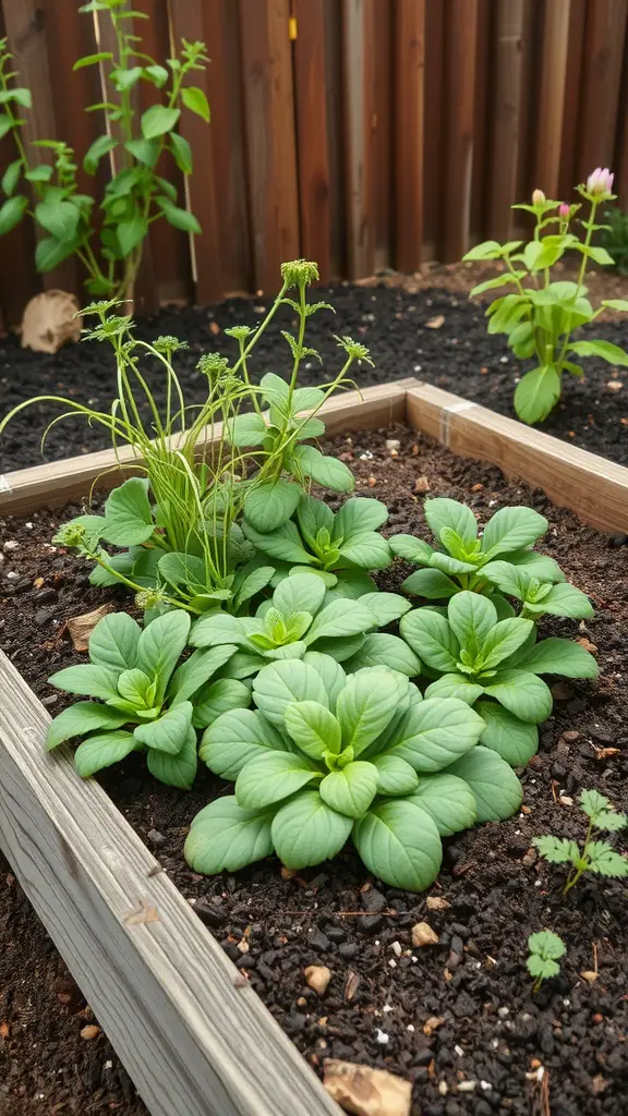 A raised garden bed filled with healthy green plants and rich soil, showcasing a compost integrated design.