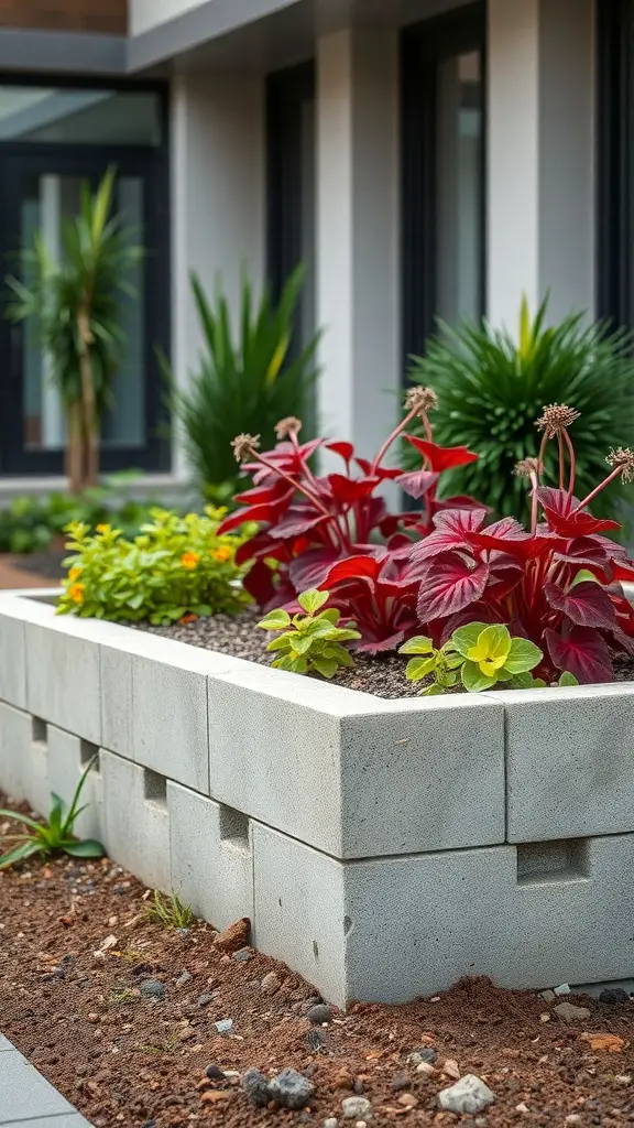A concrete block raised garden bed filled with colorful plants.