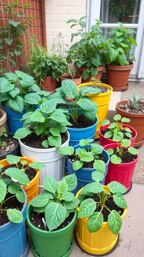 A colorful display of various plants in pots, showcasing container gardening techniques.