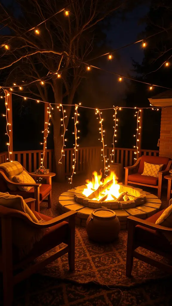 A cozy fire pit area with chairs and string lights, creating a warm atmosphere.