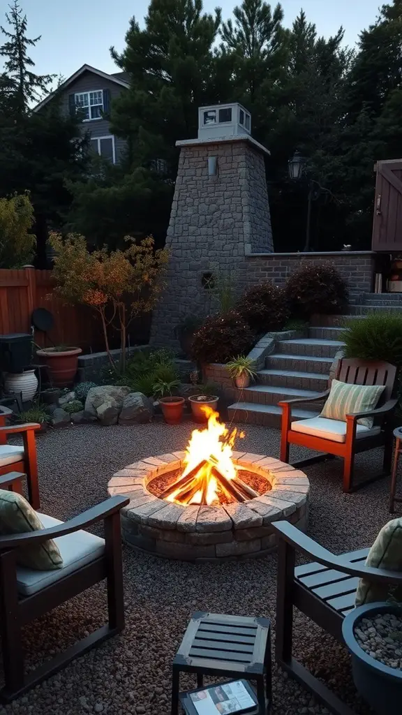 A cozy fire pit surrounded by chairs in a garden setting, perfect for evening gatherings.