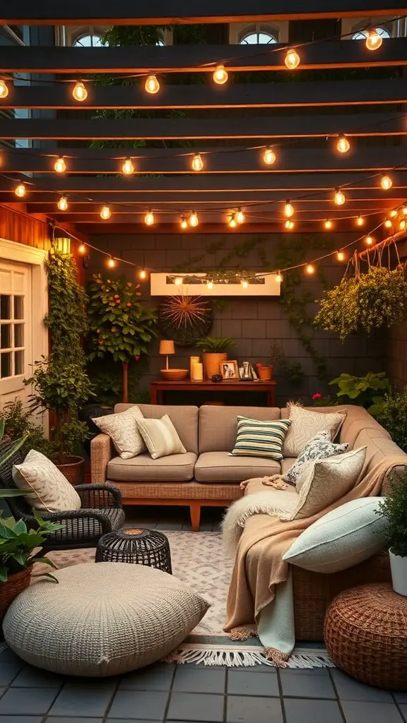 Cozy outdoor seating area with string lights, plants, and comfortable cushions.