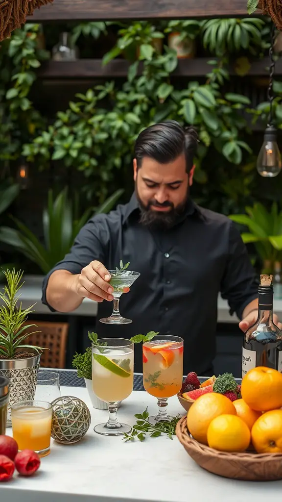 A bartender preparing cocktails at a garden party, surrounded by fresh fruits and herbs.