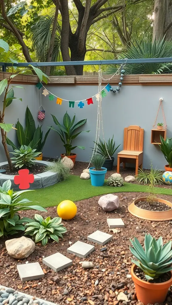 A small child-friendly garden layout with colorful decorations, plants, and a safe play area.