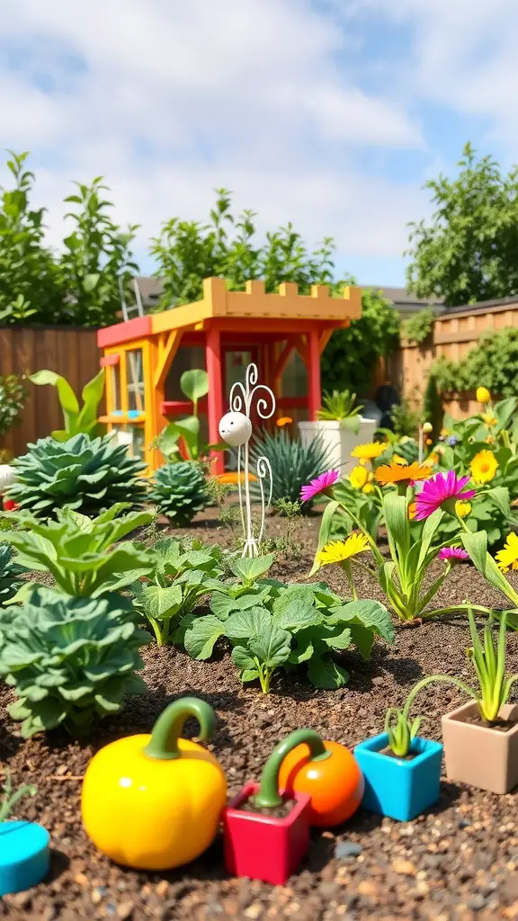 A colorful children's veggie garden with flowers, small pots, and a playhouse.