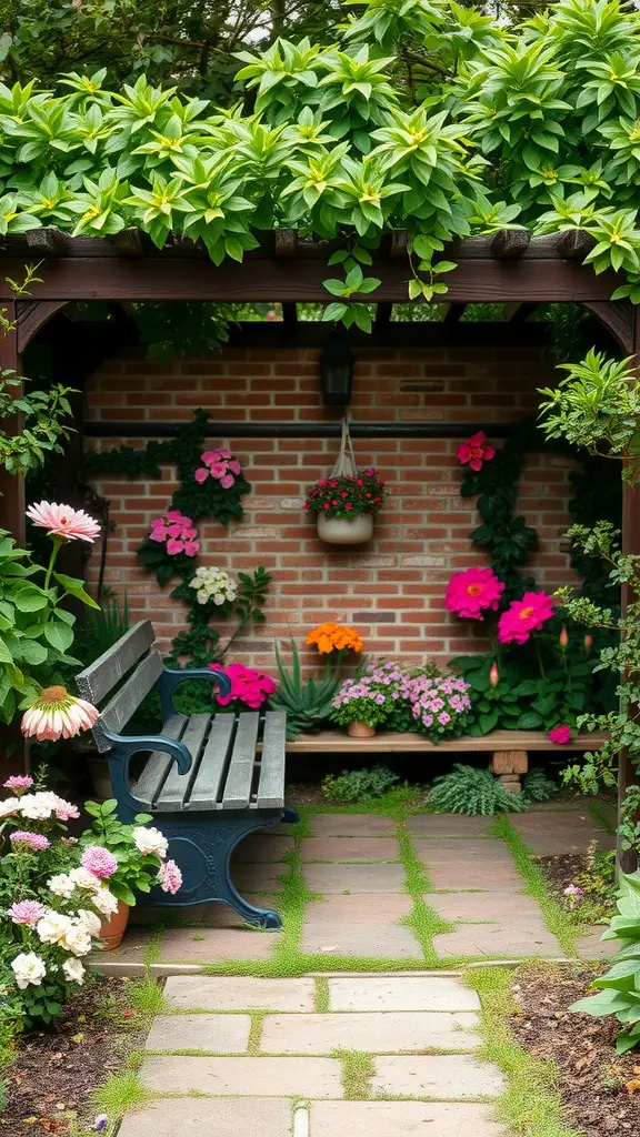 A cozy nook with a bench surrounded by colorful flowers and greenery.