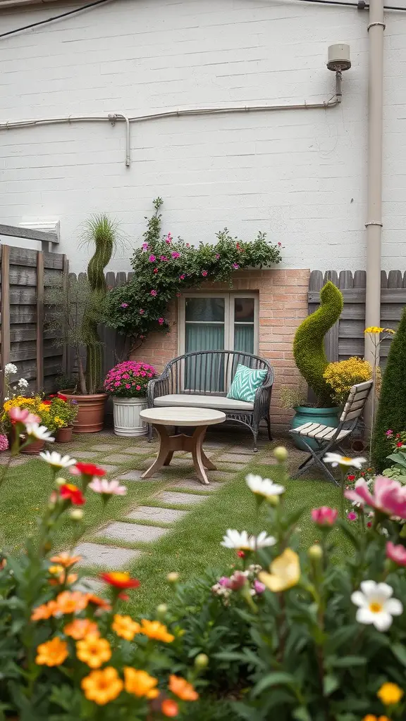 A cozy seating area in a small garden with flowers and a stone pathway.