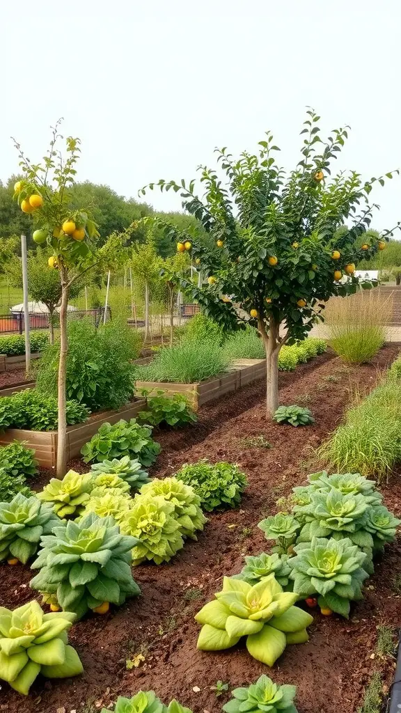 A vibrant garden featuring leafy vegetables and citrus trees.