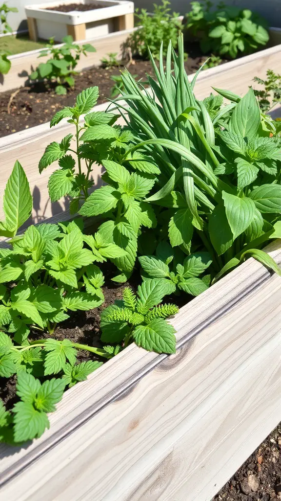 A close-up view of a raised garden bed filled with various herbs, including mint and chives, showcasing healthy green foliage.