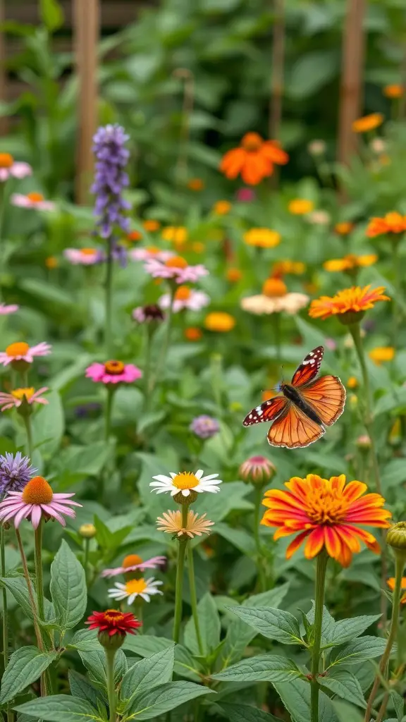 A colorful garden filled with various flowers and a butterfly flying among them.