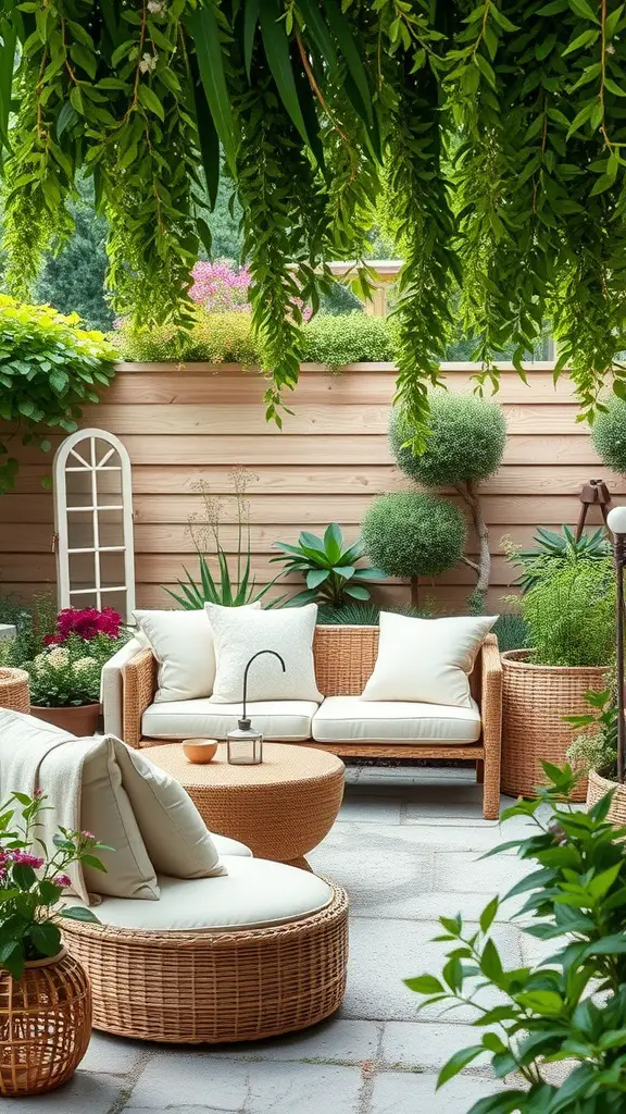 Cozy garden seating area with wicker furniture and lush greenery