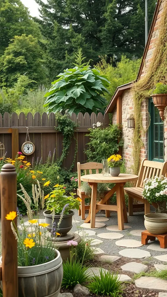 A rustic country garden with a wooden table and chairs surrounded by colorful flowers and greenery.
