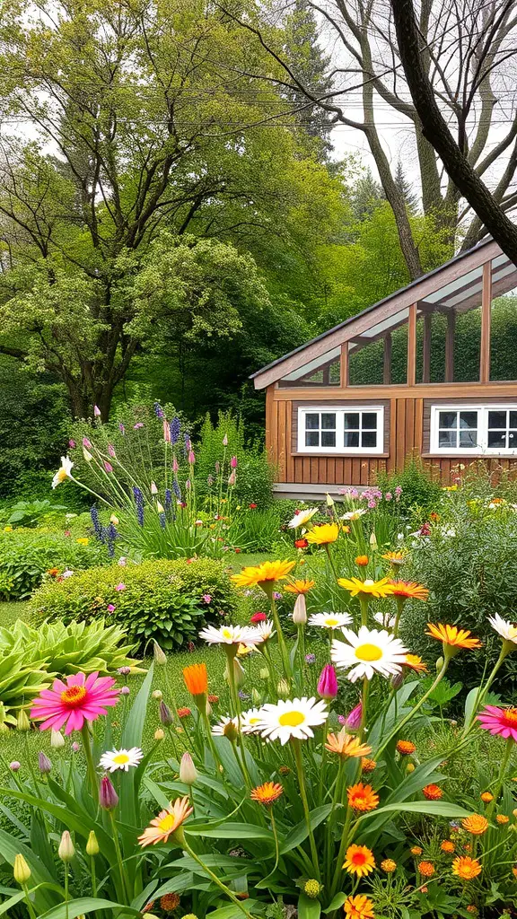 A colorful backyard garden with a variety of flowers in bloom, showcasing a seasonal color palette.