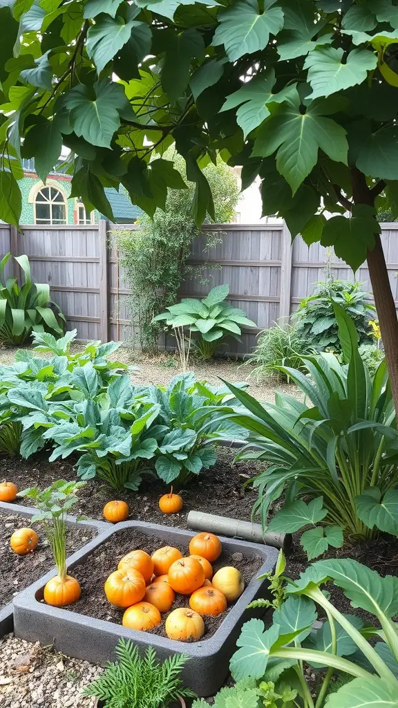 A lush shade garden featuring pumpkins and leafy greens under a tree.