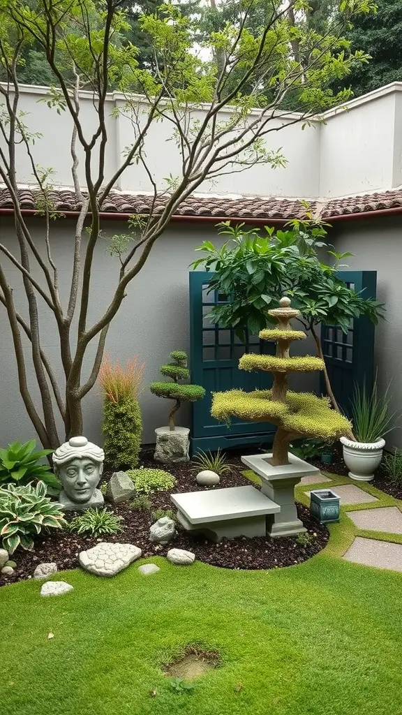 A small garden featuring bonsai trees, a stone sculpture, and a seating area surrounded by lush greenery.