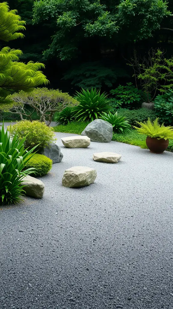 A tranquil Zen garden featuring rocks, gravel, and lush greenery.