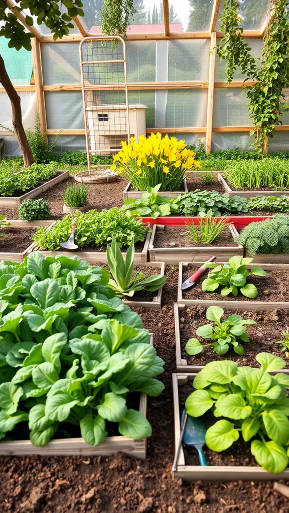 A vibrant vegetable garden with raised beds filled with greens and yellow flowers.