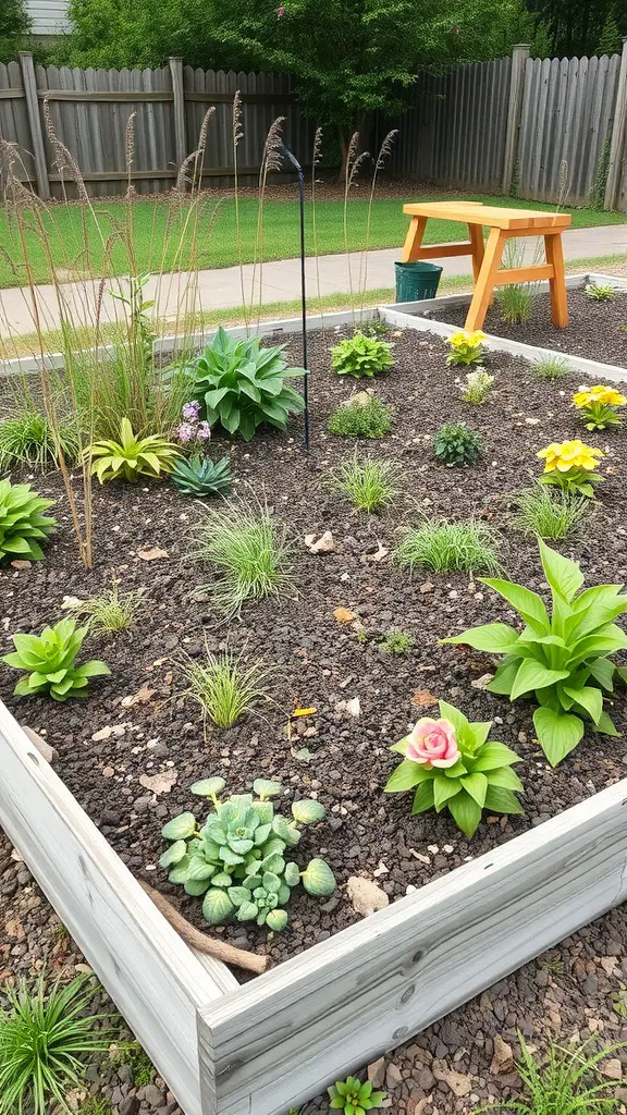 A raised garden bed filled with various plants, including flowers and succulents, with a bench nearby.