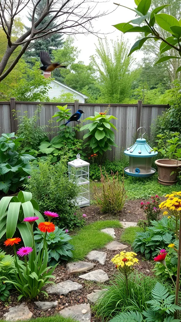 A vibrant backyard garden featuring colorful flowers, lush greenery, and a bird feeder, creating a wildlife habitat.