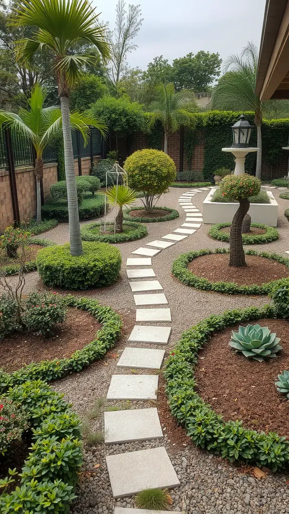 A small garden layout featuring a stone pathway, circular plant beds, and greenery.