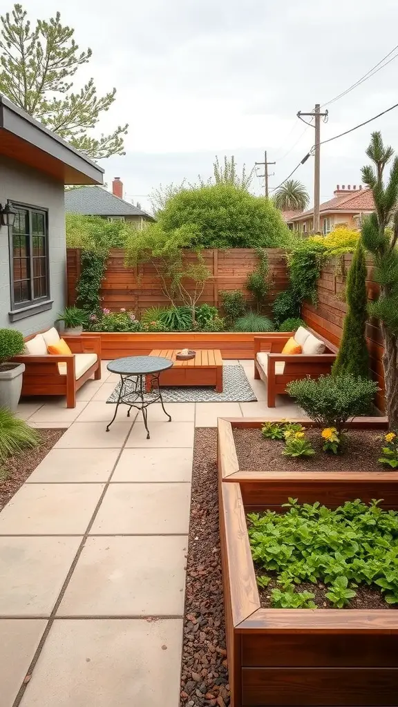 A cozy outdoor patio with seating, a coffee table, and planters filled with plants.