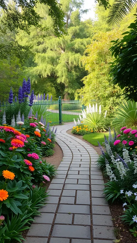 A winding stone pathway surrounded by colorful flowers and lush greenery.