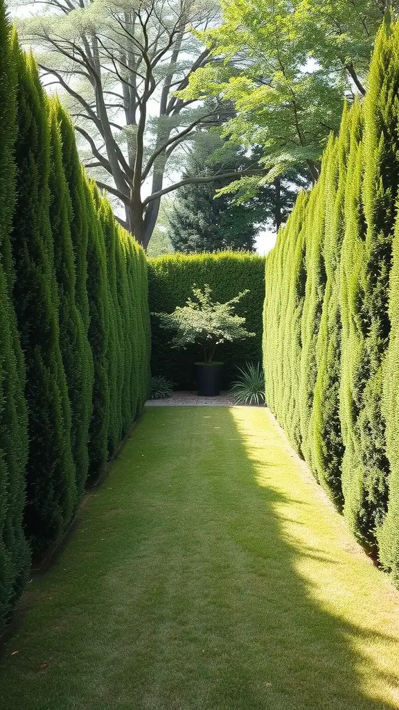 A narrow pathway flanked by tall green hedges, leading to a small tree in a planter.