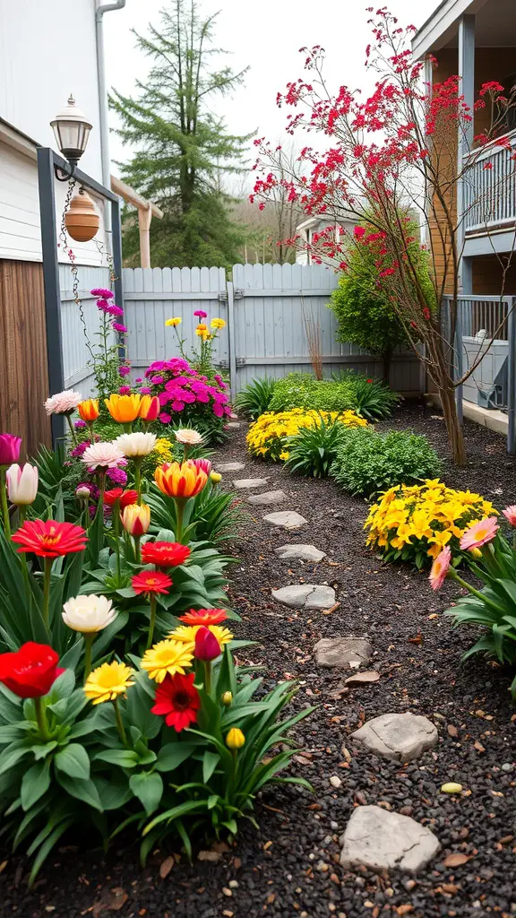 A small garden with colorful flowers and a stone pathway.