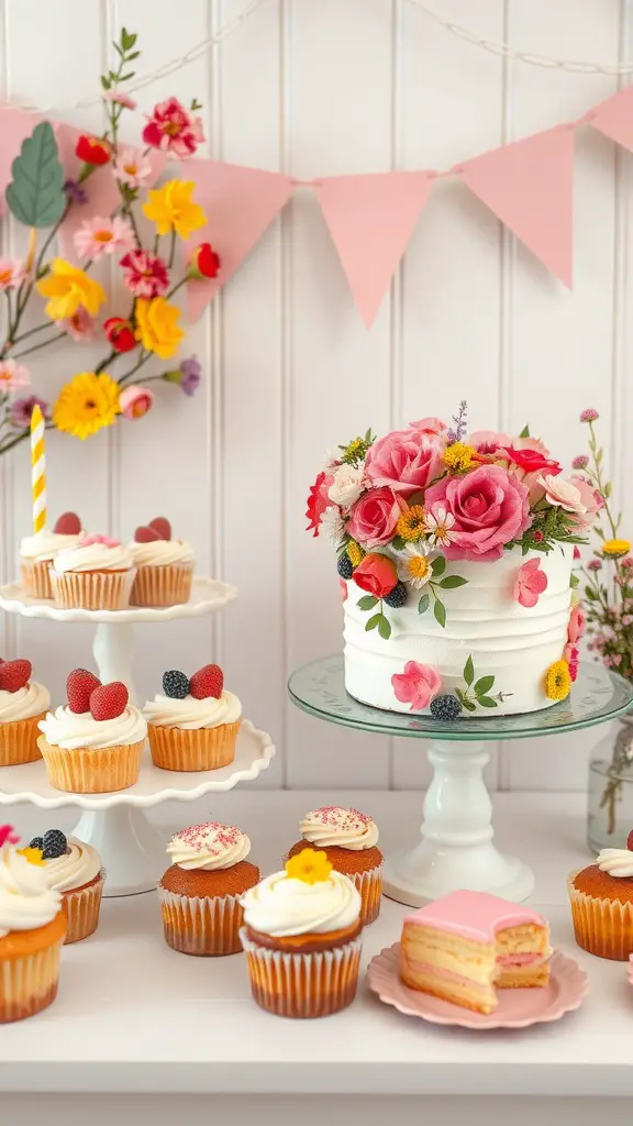 A colorful dessert station featuring cupcakes, a floral cake, and sweet treats for a garden party.