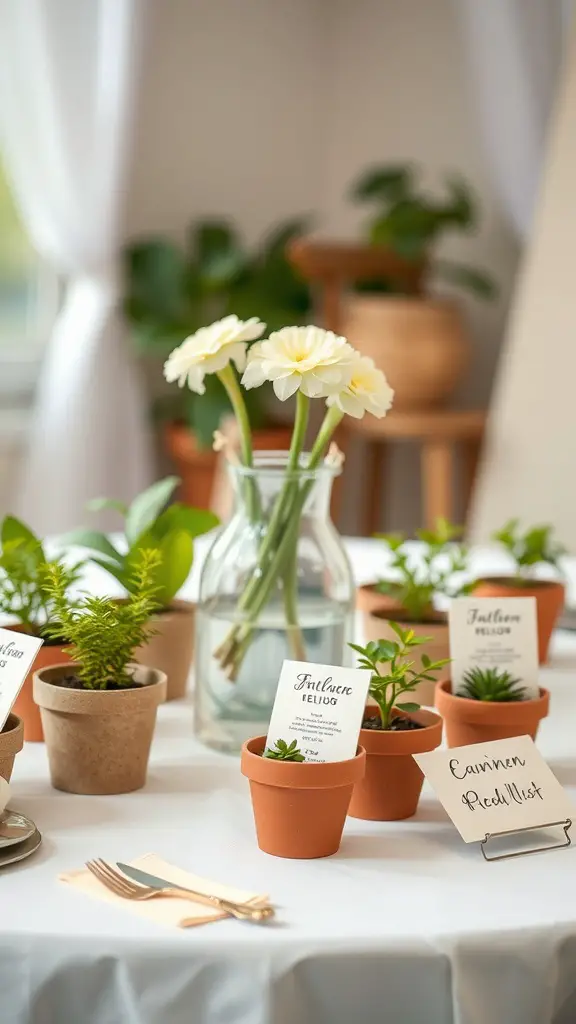 Small potted plants on a table at a garden party