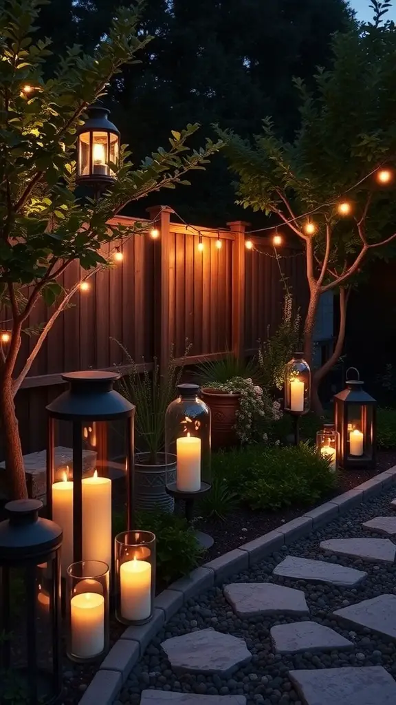 Outdoor garden party lighting with lanterns and string lights