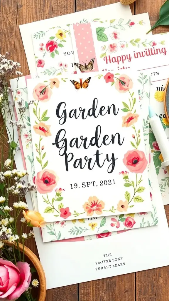 A collection of colorful garden party invitations with floral designs and a butterfly.