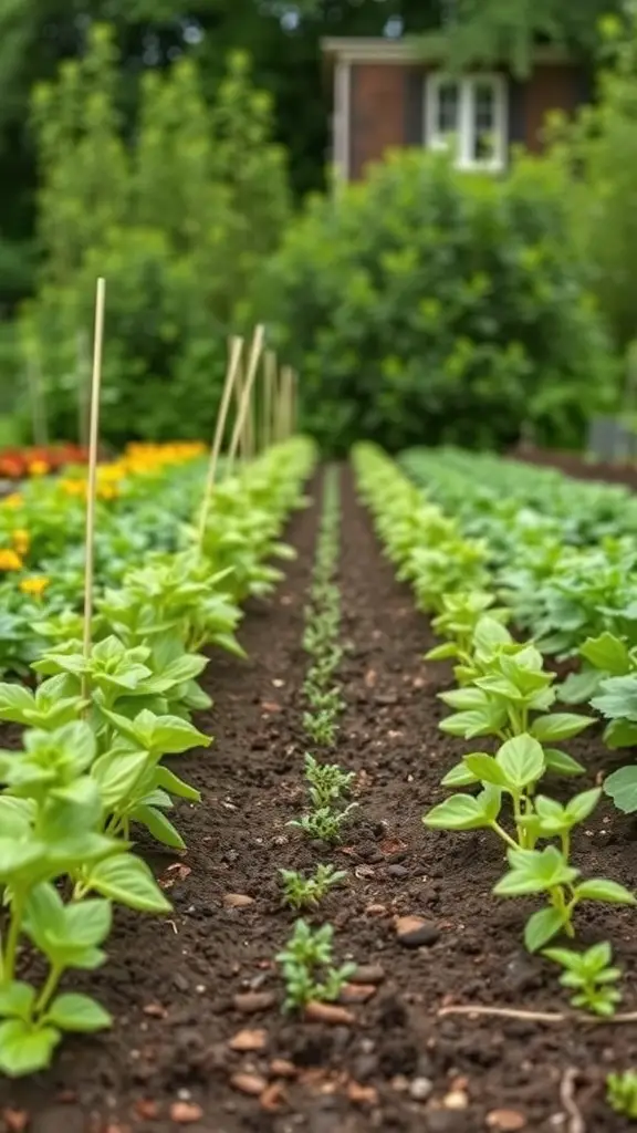 A well-organized veggie garden with rows of green plants and a house in the background.