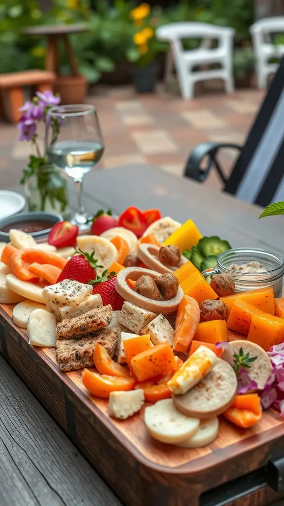 A wooden platter filled with assorted fruits, cheeses, and crackers, perfect for a garden party.