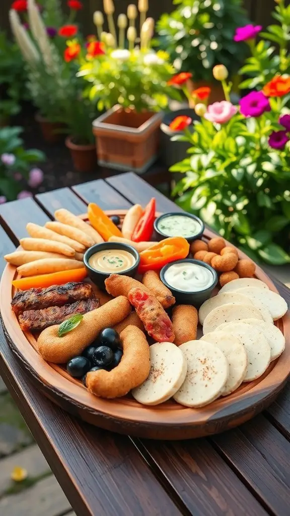 A colorful platter of finger foods including dips, sausages, and vegetables, set against a backdrop of blooming flowers.